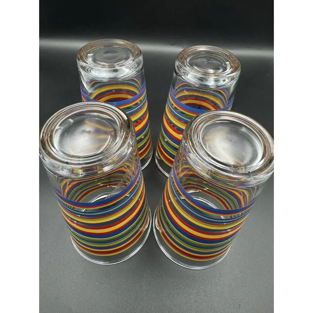 Vintage Libbey Glasses 1970s Fiesta Mambo 16oz Tumblers Rainbow Stripe Set of 4
